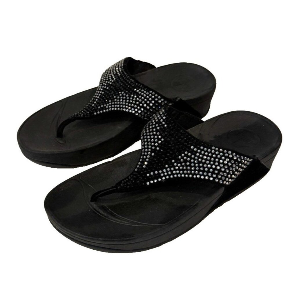 Fit Flop Flare‎ Women's Black Clear Rhinestone Slip Ons Sandal Wobbleboard Sz 8